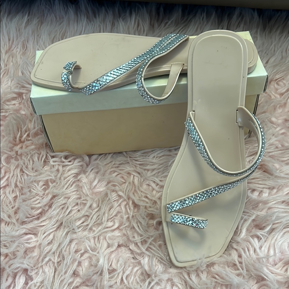 Rouge Helium Cream Silver Sandals with Elegant Rhinestone Straps